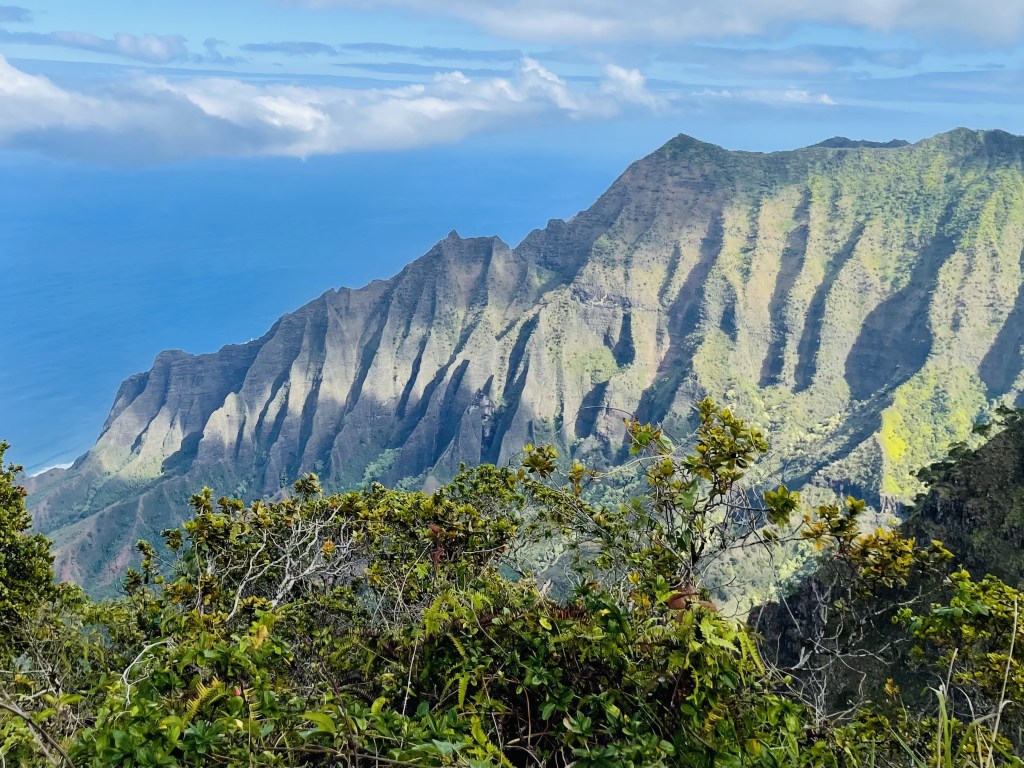 Spectacular view of Kauai's fluted Na Pali Coast cliffs and Kalalau Valley from Kalalau Lookout, showing distinctive ridged volcanic formations and lush green valleys