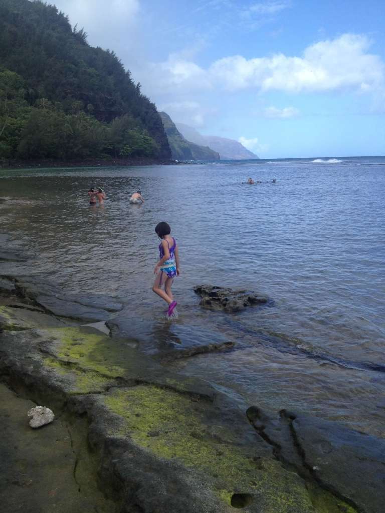 A young girls steps along black volcanic rocks along the seashore with swimmers and the black and green cliffs of Na Pali in the distance near Ke'e Beach on Kauai