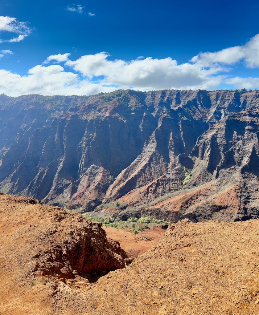 Waimea Canyon's red and orange rock layers with deep gorges and distant blue mountains