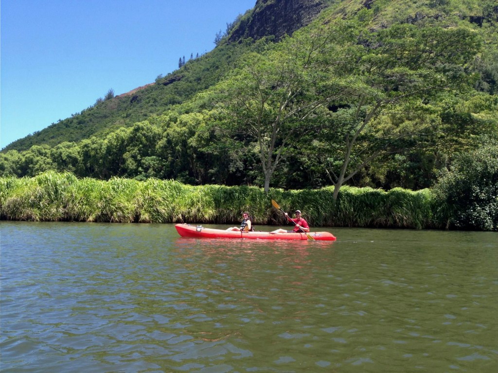 Kayakers paddling red kayaks on the calm Wailua River with jungle on the side