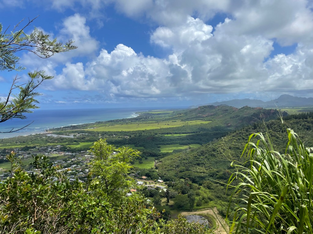 Sweeping view of the lush green Wailua River Valley with the crystal blue and turquoise waters under a party cloud sky as seen from the Sleeping Giant east trail