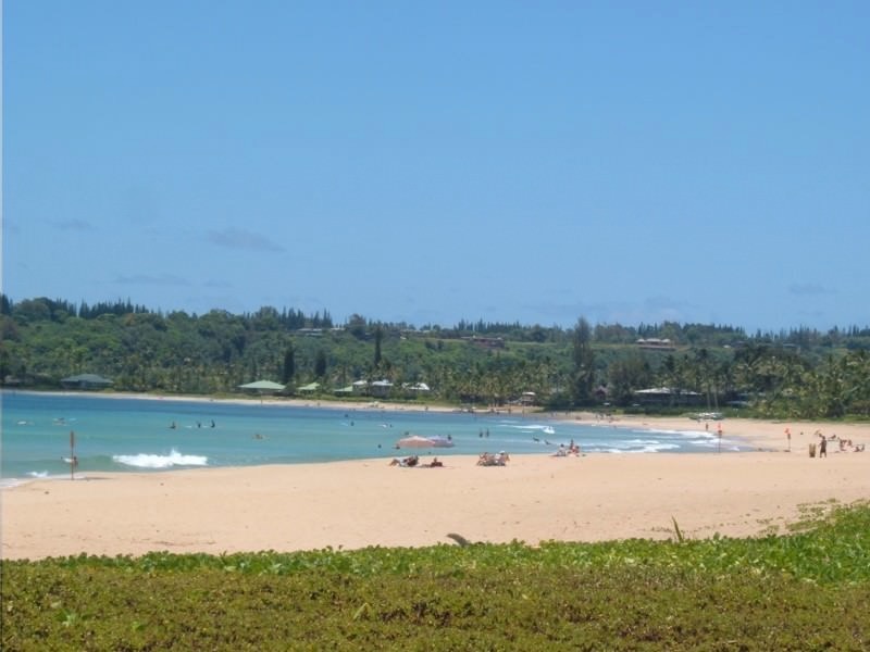 Wide expansive view of the golden sands and calm blue waters of Hanalei Bay as seen from the edge of the beach
