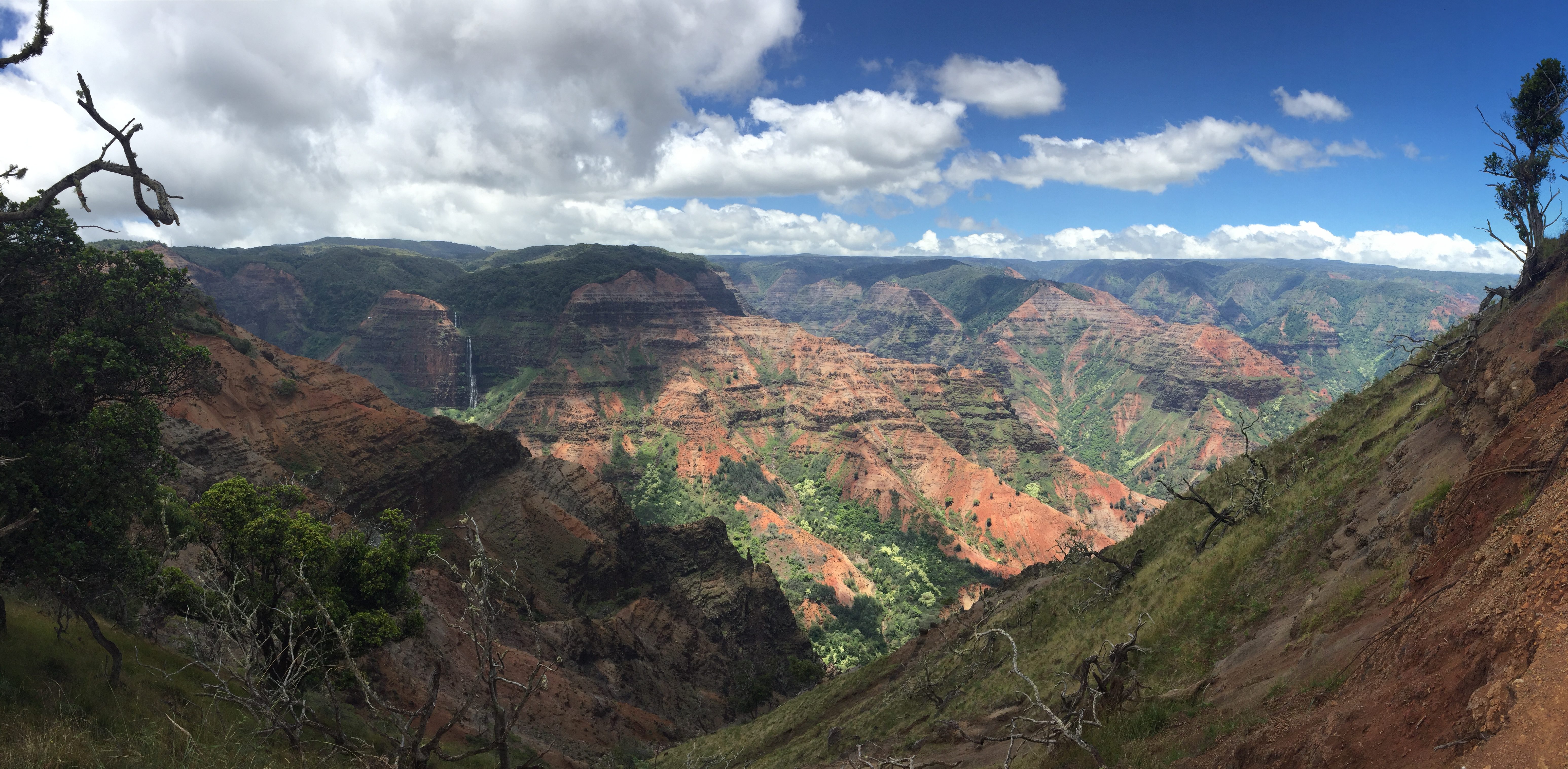 Panoramic view of Waimea Canyon from the Canyon Lookout on Kauai's West Shore, showing the dramatic red and orange volcanic walls, lush green valley floor, and Wai'poo Falls visible on the far left, with the red earth of the canyon rim in the foreground under a partly cloudy blue sky.